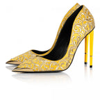 Ishtar pump in yellow satin, side profile