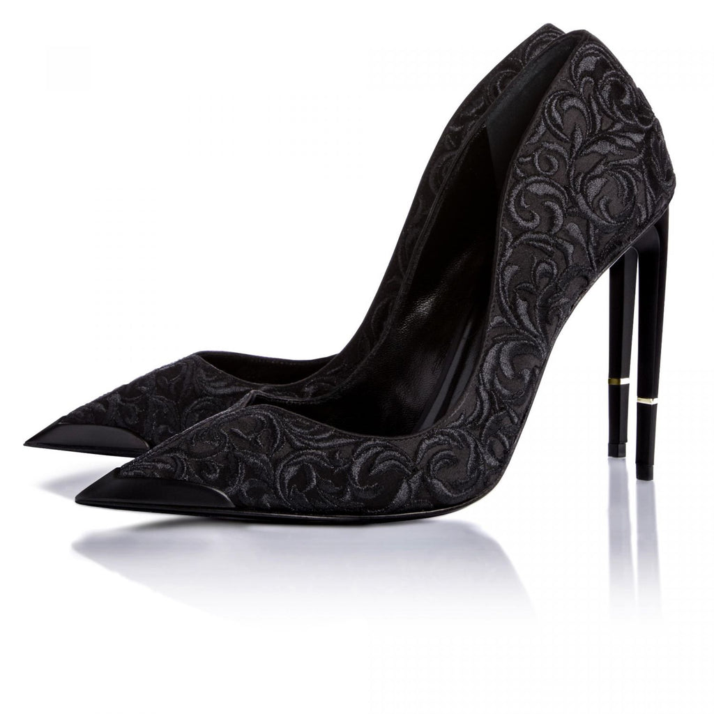 Ishtar pump in black embroidery on black, three-quarter angle