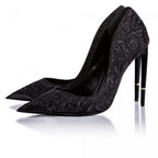 Ishtar pump in black embroidery on black, three-quarter angle