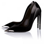 Athena pump in black satin, three-quarter angle