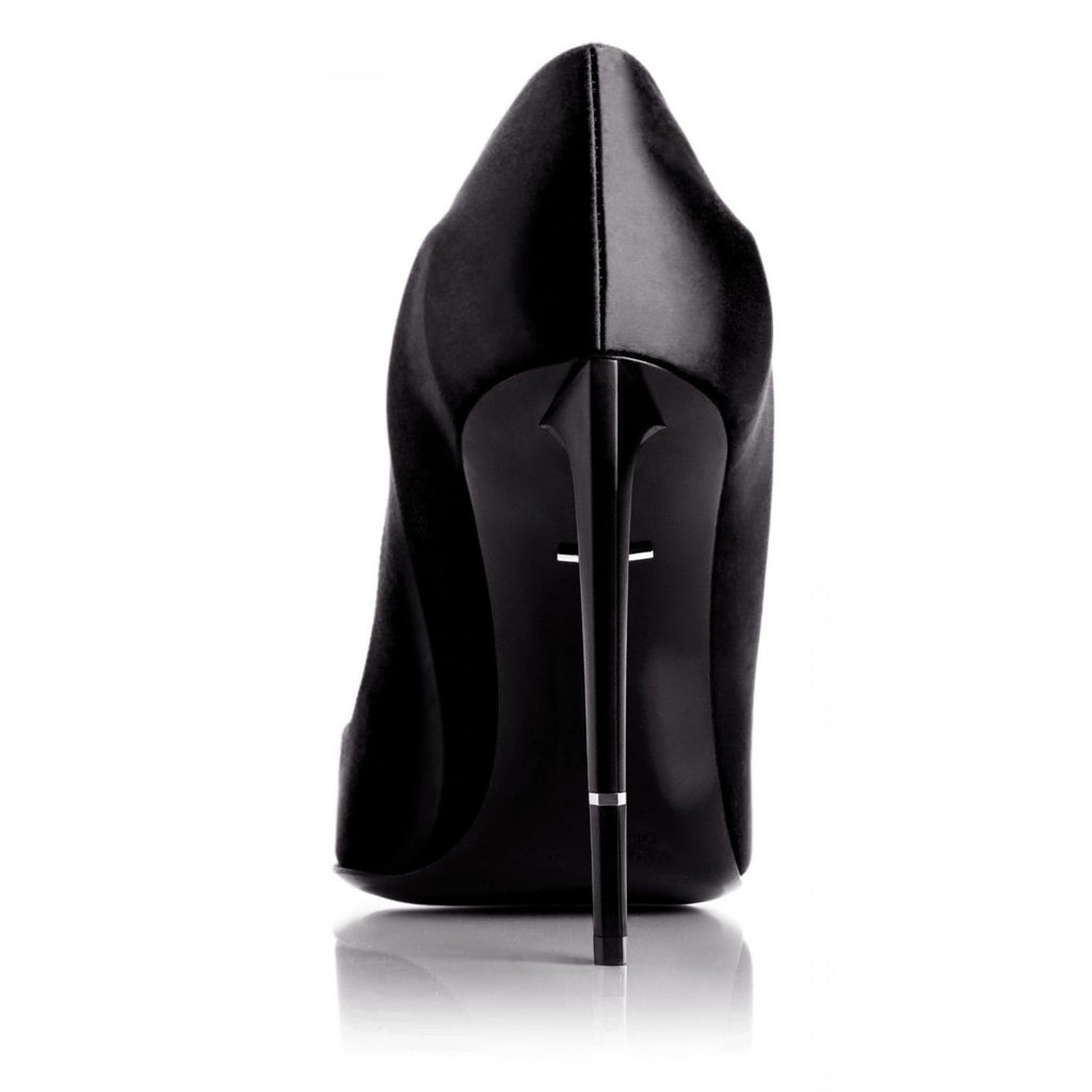 Athena pump in black satin, back view
