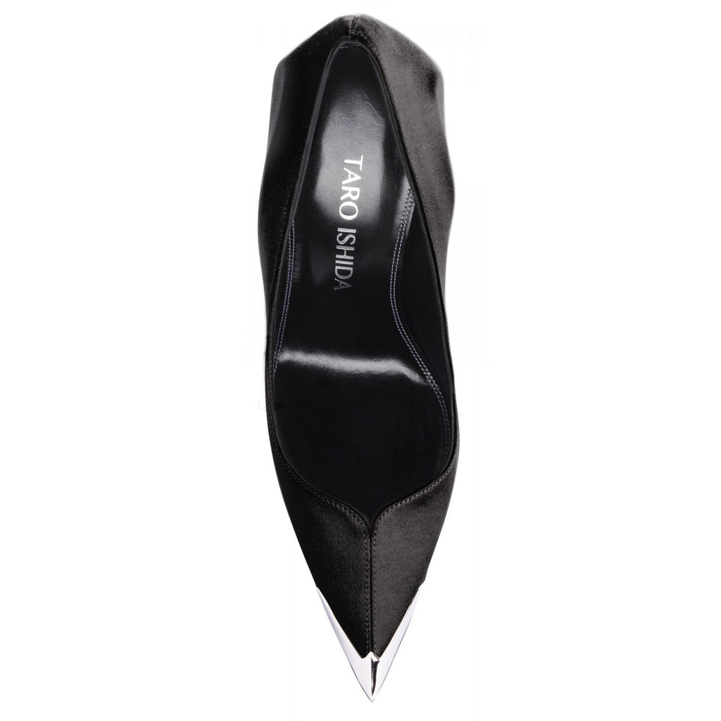 Athena pump in black satin, side profile