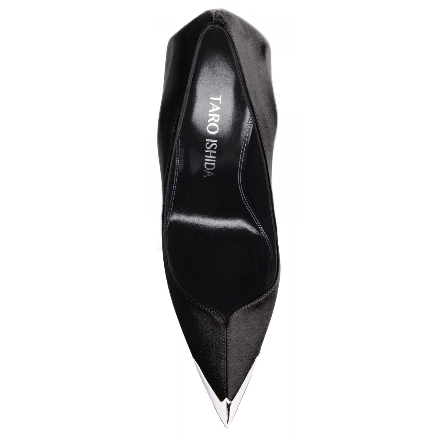 Athena pump in black satin, side profile