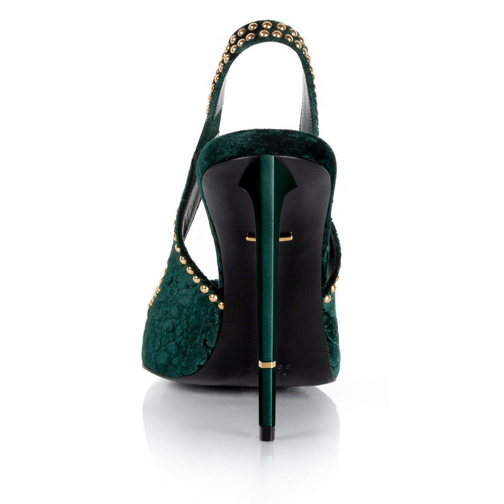 Rhea pump in green velvet, back view