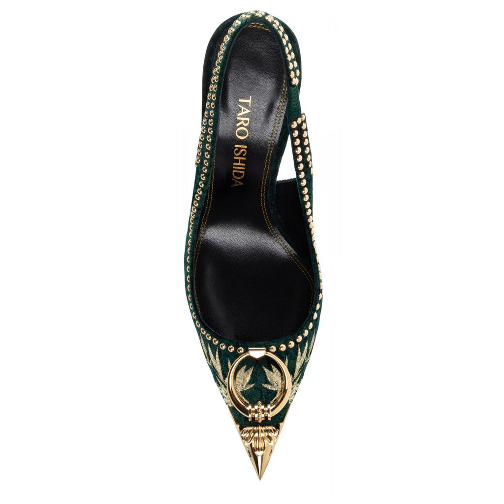 Rhea pump in green velvet, top view