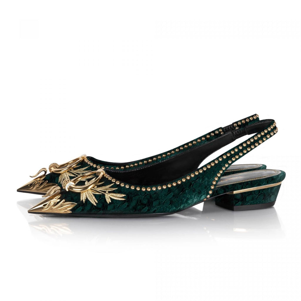 Rhea flat in green velvet, front view