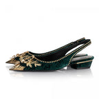 Rhea flat in green velvet, front view