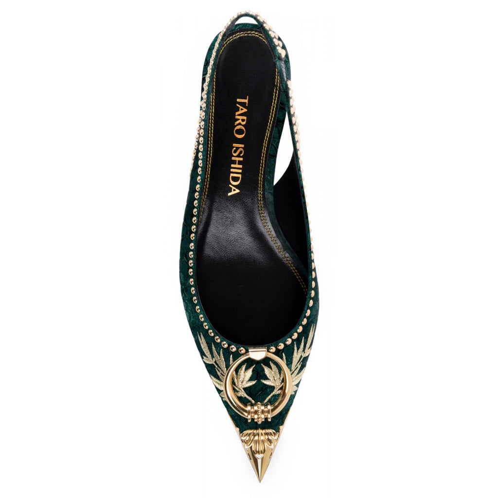 Rhea flat in green velvet, top view