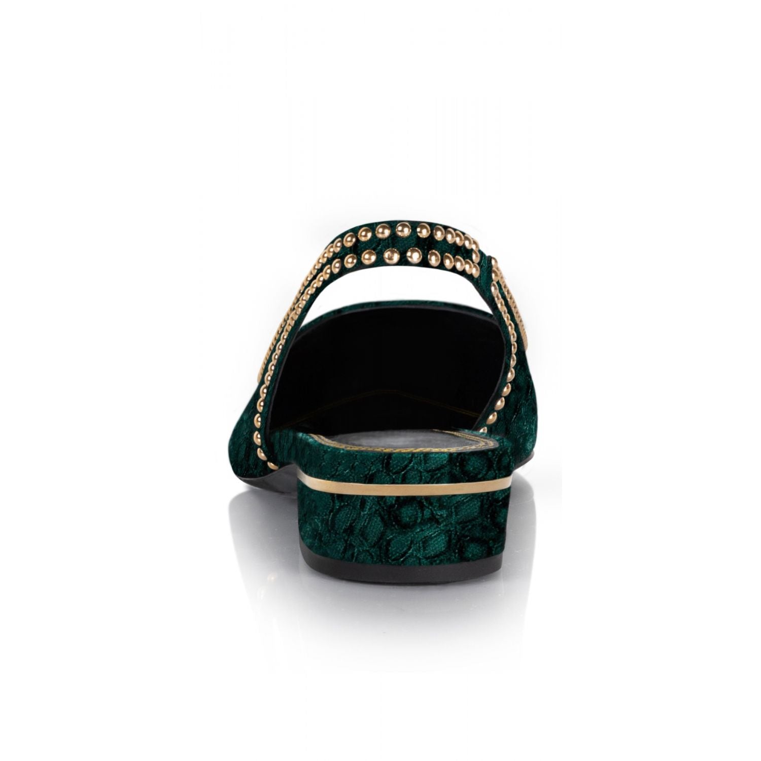 Rhea flat in green velvet, side profile