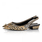 Themis pump in gold and silver embroidery, side profile